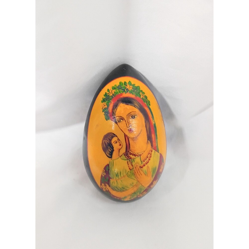 Vintage Russian Wooden Icon Egg with Mary and Jesus & Bethlehem and Star